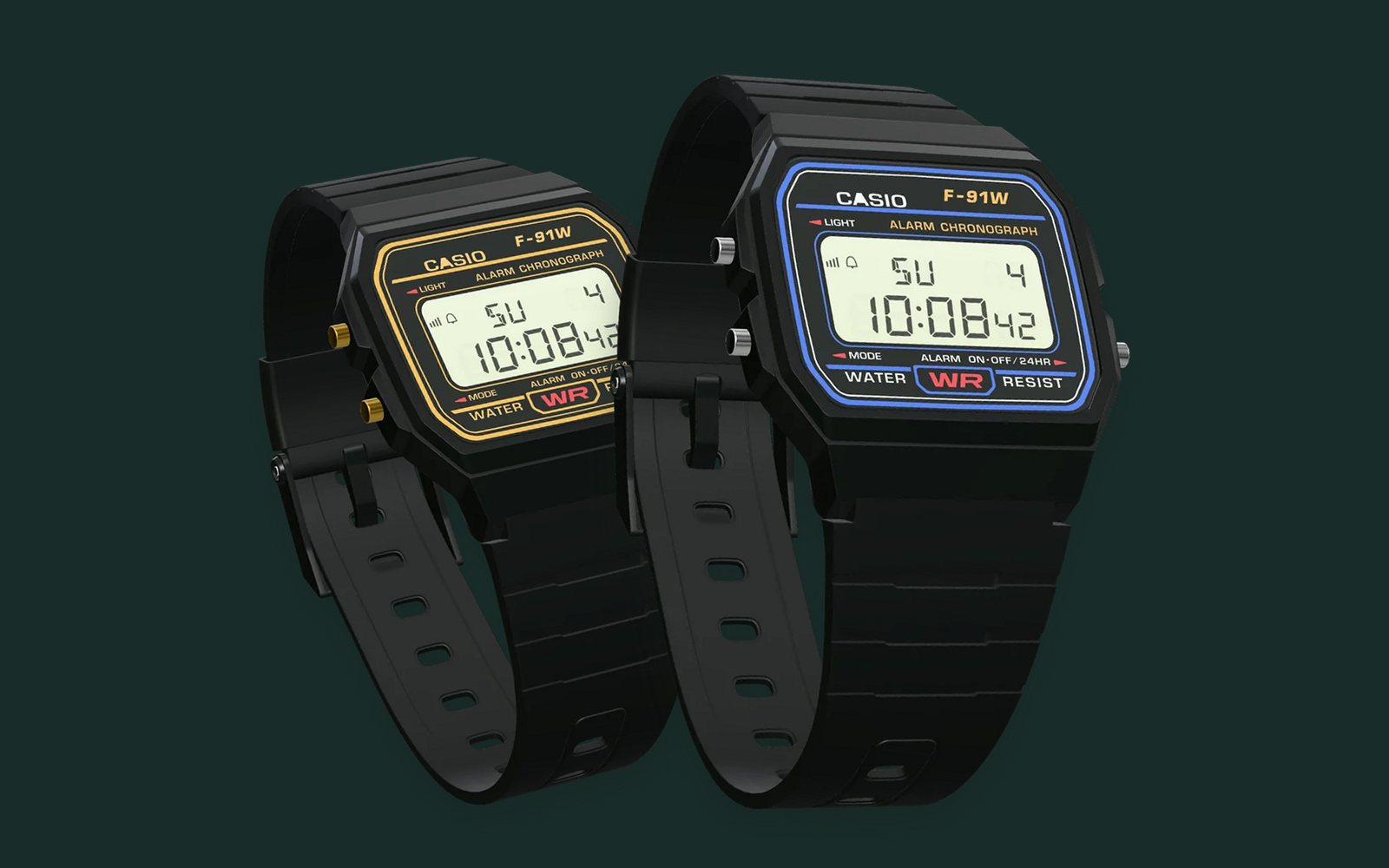 Casio F-91W-1 Classic Black with blue frame and gold print
