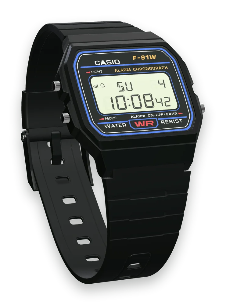 Casio F-91W-1 Classic Black, three-quarter view