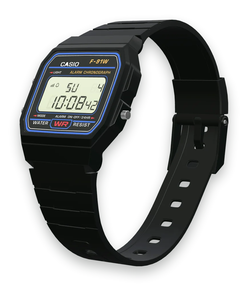 Casio F-91W-1 Classic Black, left side with the LIGHT and MODE buttons