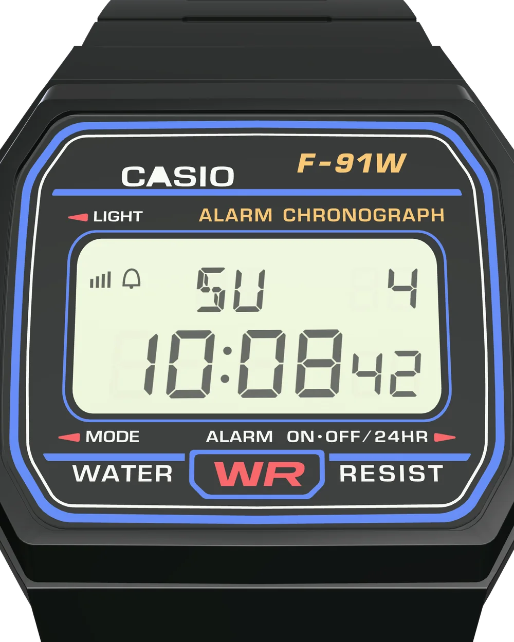Casio F-91W-1XY Classic Black, close-up of the display
