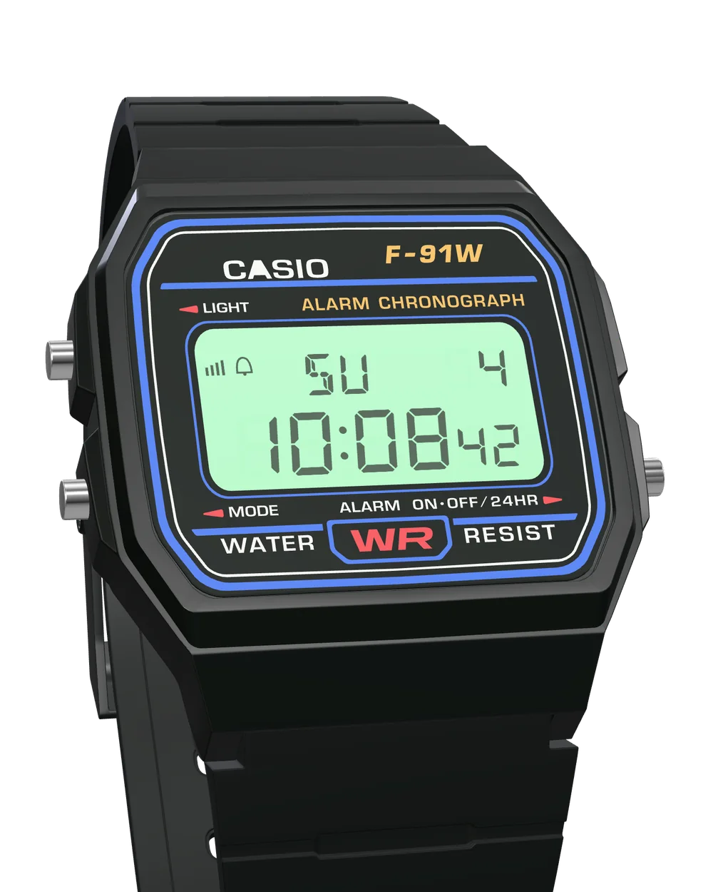 Casio F-91W-1XY Classic Black, with the LED backlight on