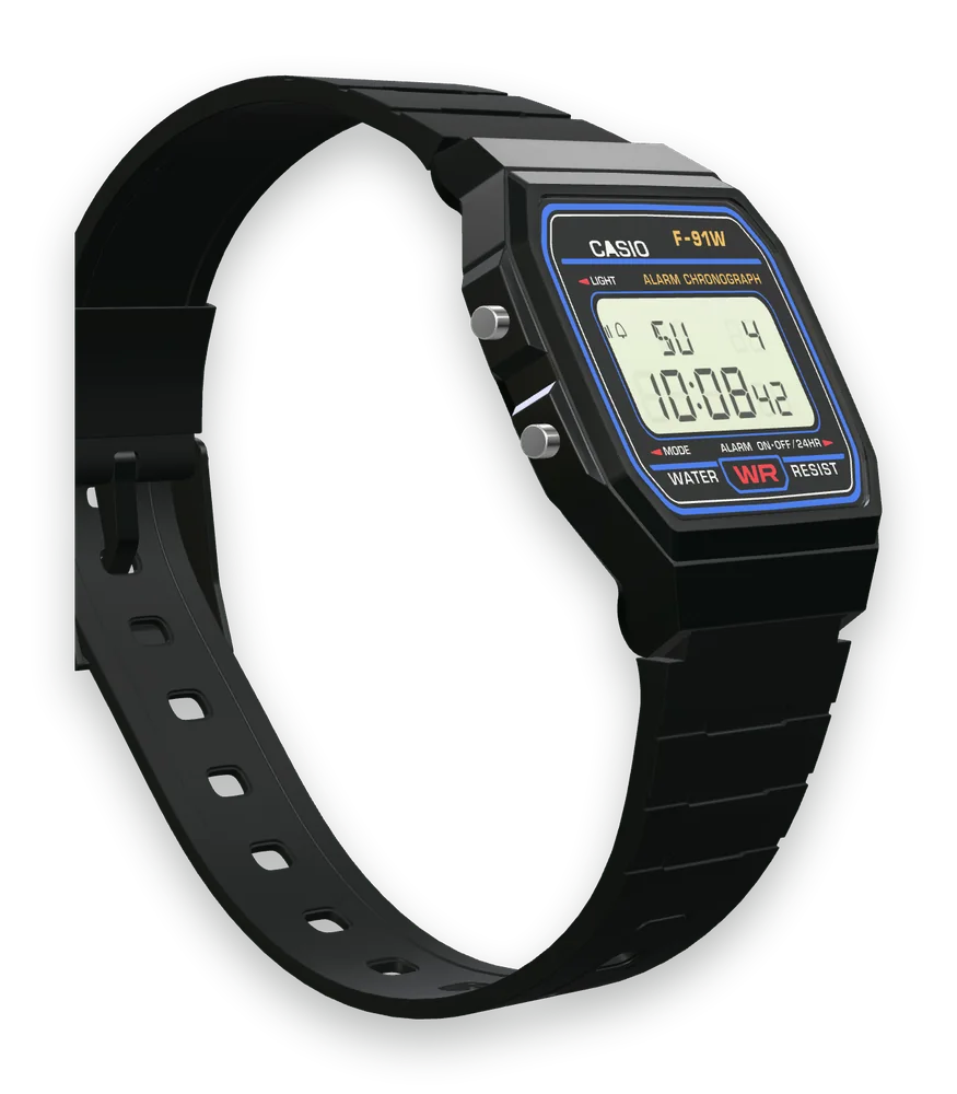 Casio F-91W-1XY Classic Black, right side with the alarm button