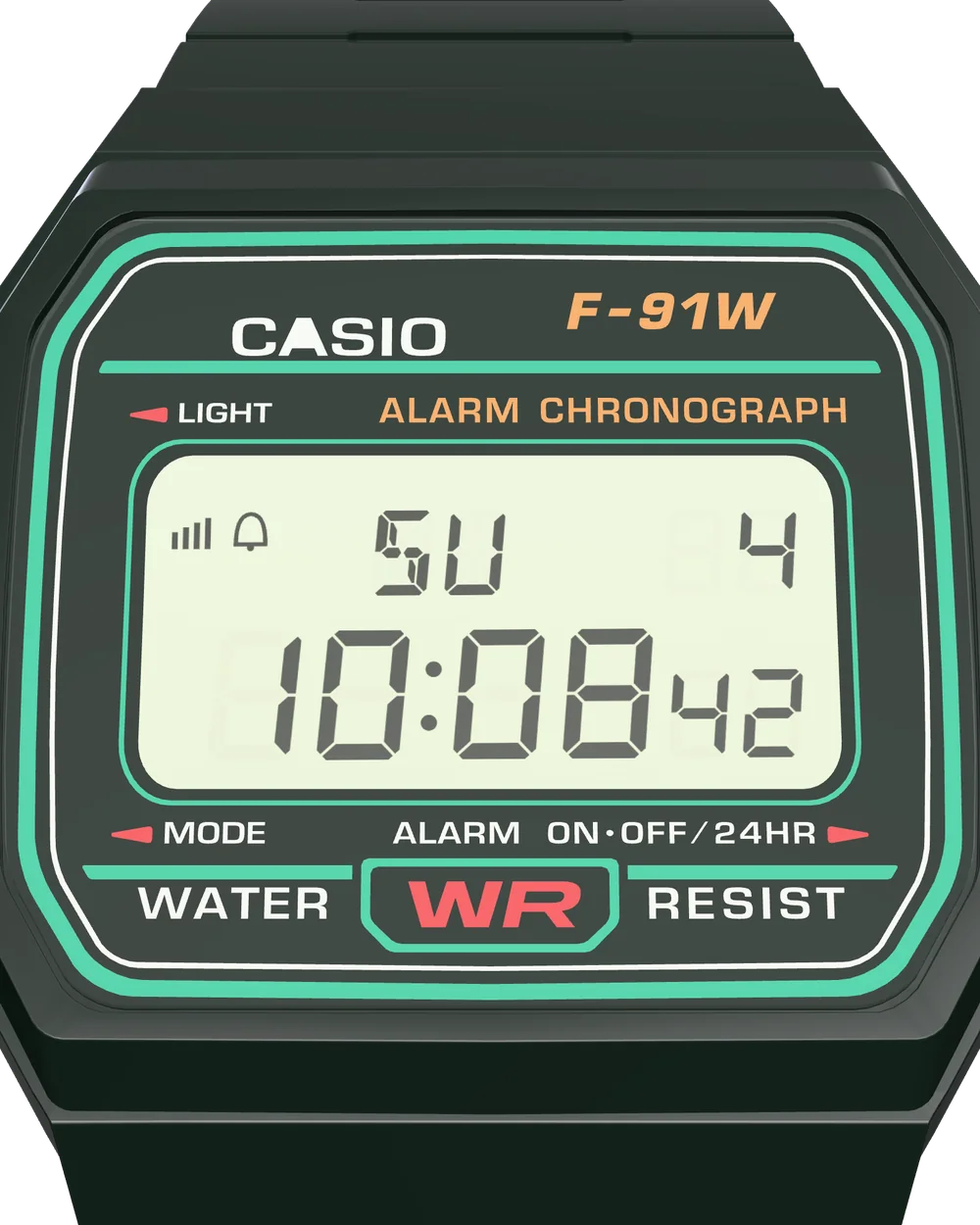 Casio F-91W-3 Deep Forest, close-up of the display