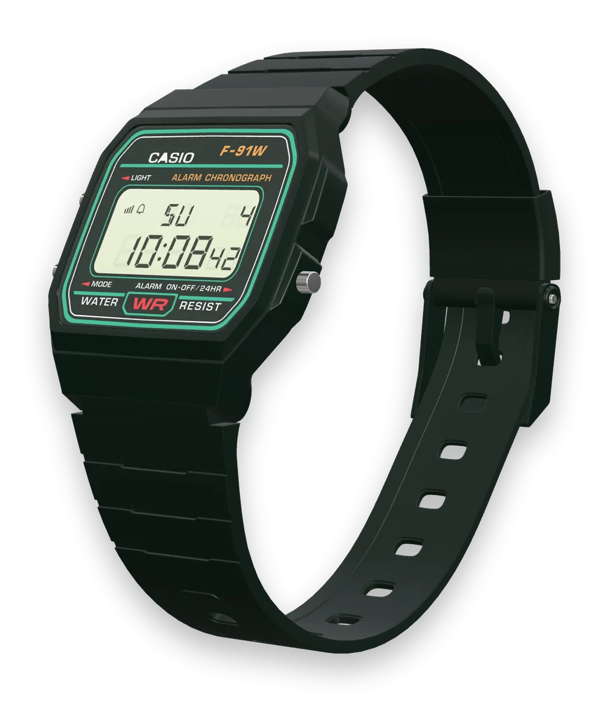 Casio F-91W-3 Deep Forest, left side with the LIGHT and MODE buttons