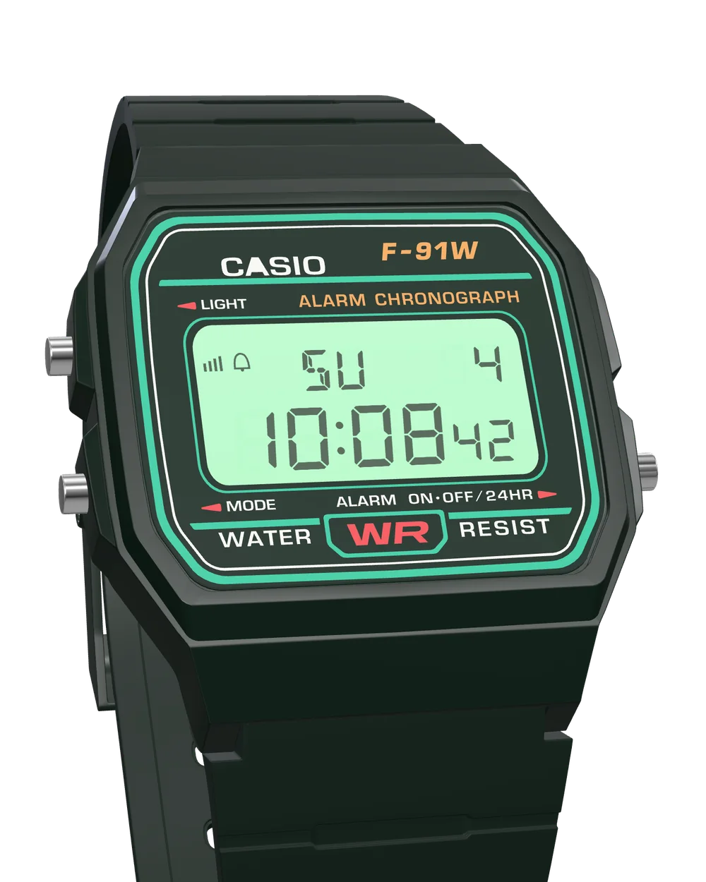 Casio F-91W-3 Deep Forest, with the LED backlight on