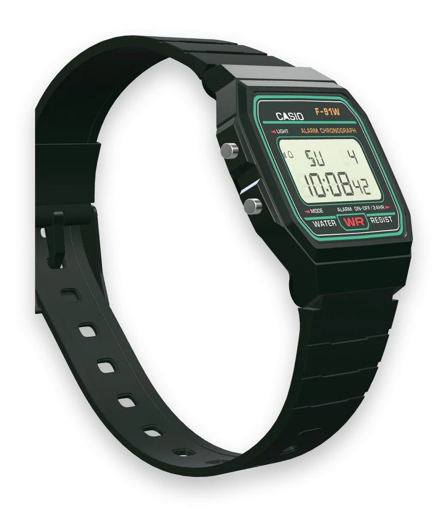 Casio F-91W-3 Deep Forest, right side with the alarm button