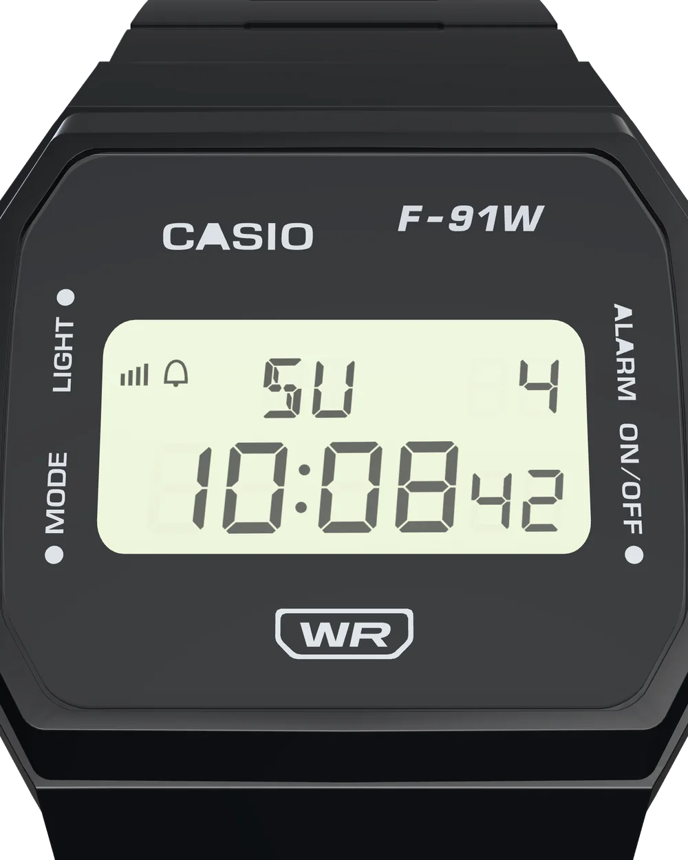 Casio F-91WB-1 Stealth Black, close-up of the display
