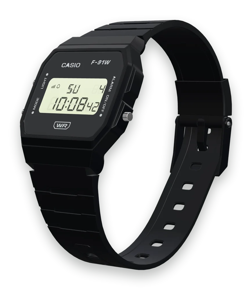Casio F-91WB-1 Stealth Black, left side with the LIGHT and MODE buttons