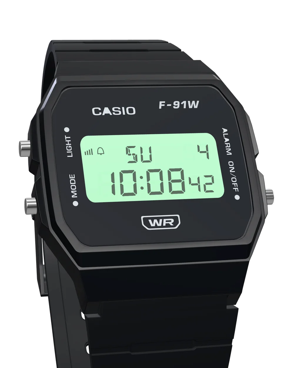 Casio F-91WB-1 Stealth Black, with the LED backlight on