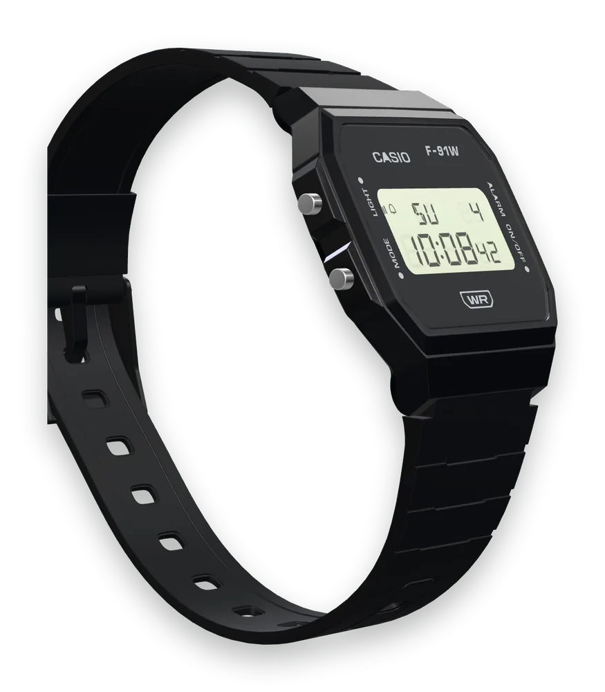 Casio F-91WB-1 Stealth Black, right side with the alarm button