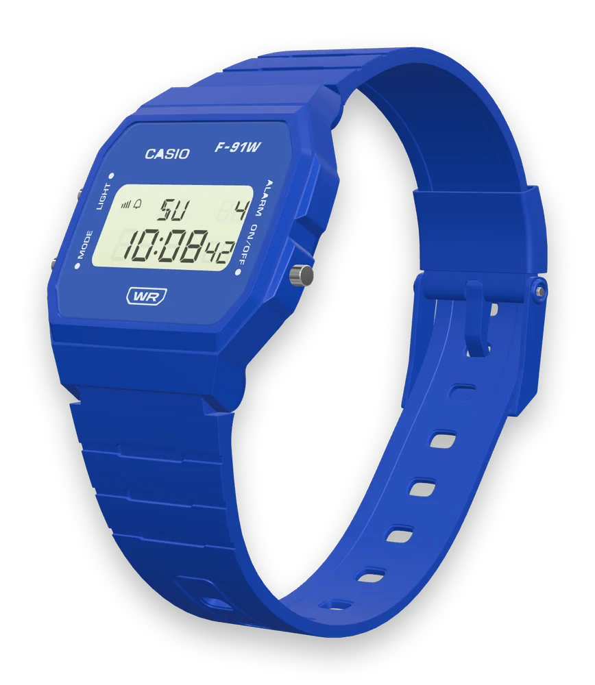 Casio F-91WB-2 Navy Blue, left side with the LIGHT and MODE buttons
