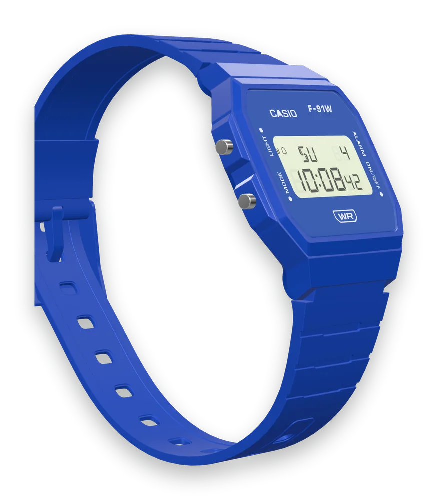 Casio F-91WB-2 Navy Blue, right side with the alarm button