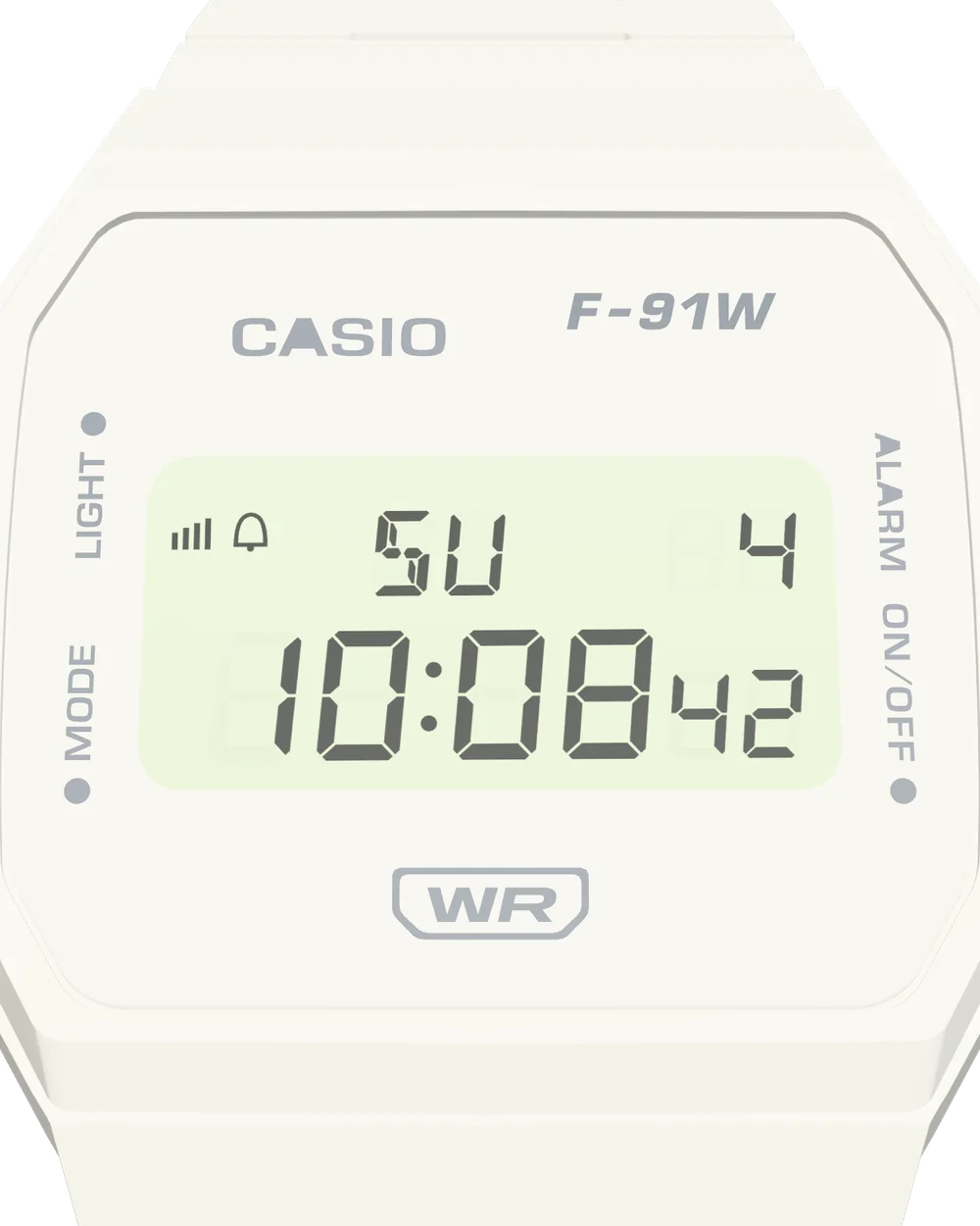 Casio F-91WB-7 Pure White, close-up of the display