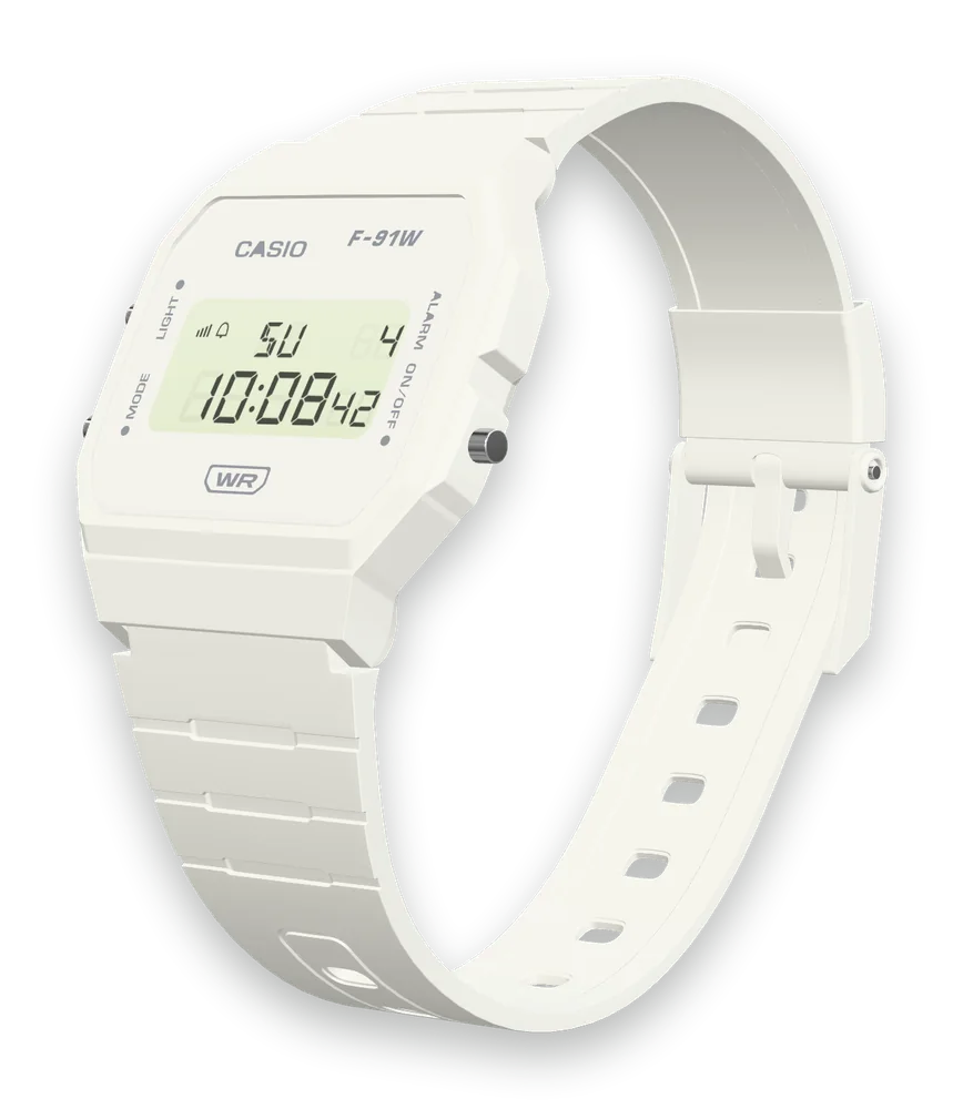 Casio F-91WB-7 Pure White, left side with the LIGHT and MODE buttons