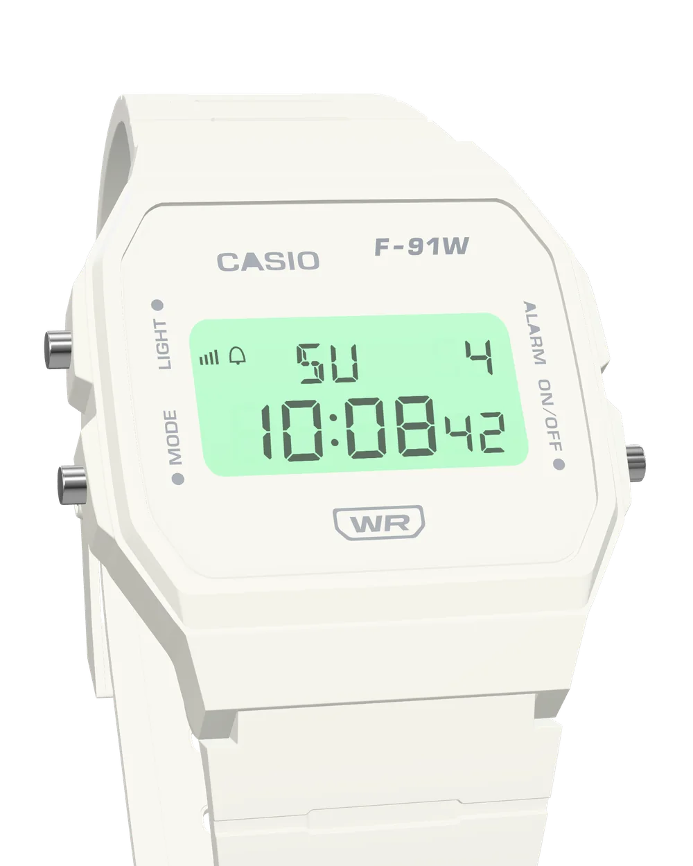 Casio F-91WB-7 Pure White, with the LED backlight on
