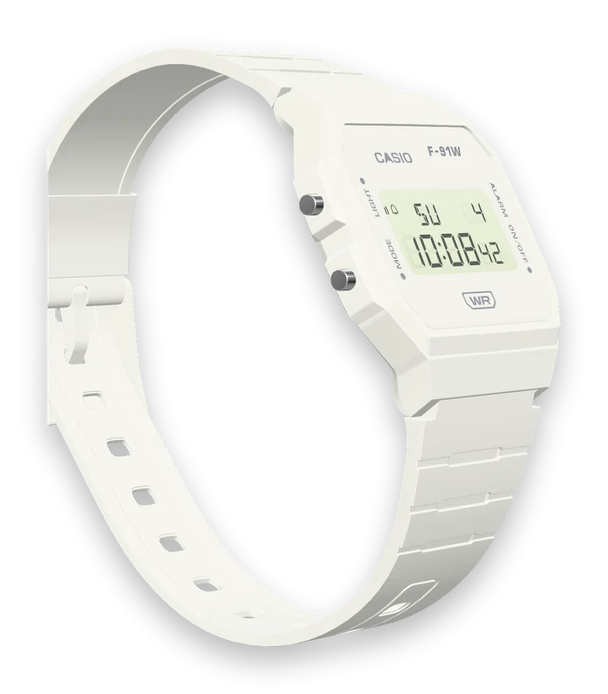 Casio F-91WB-7 Pure White, right side with the alarm button