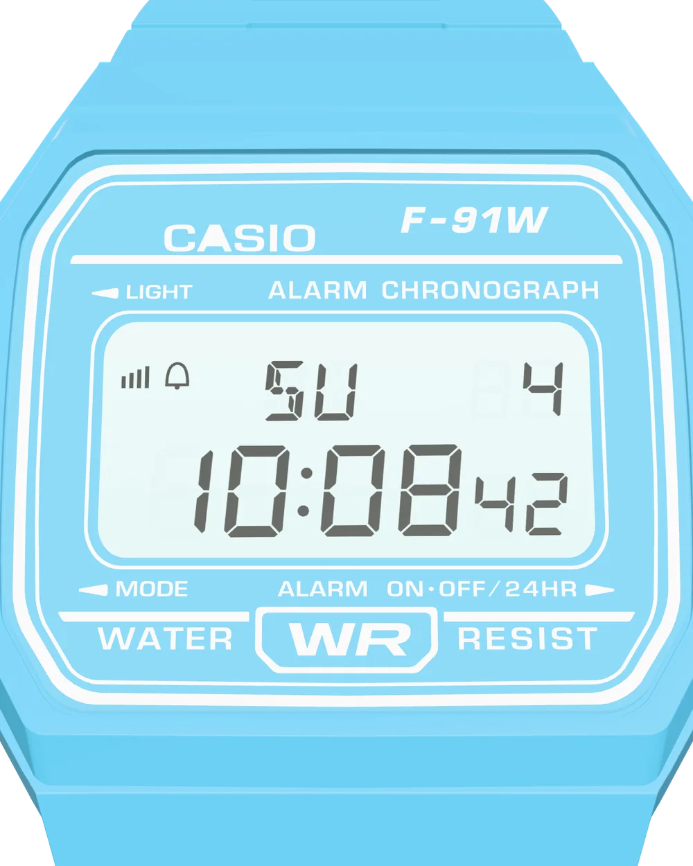 Casio F-91WC-2 Sky Blue, close-up of the display