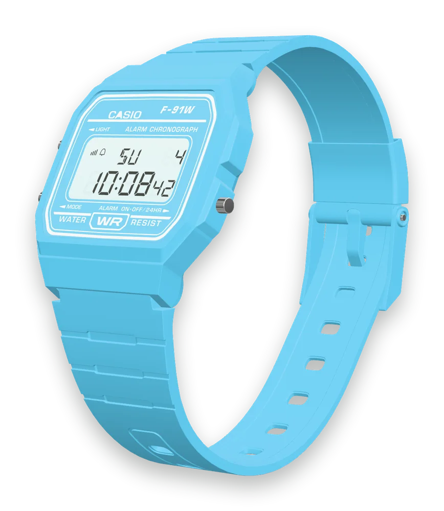 Casio F-91WC-2 Sky Blue, left side with the LIGHT and MODE buttons