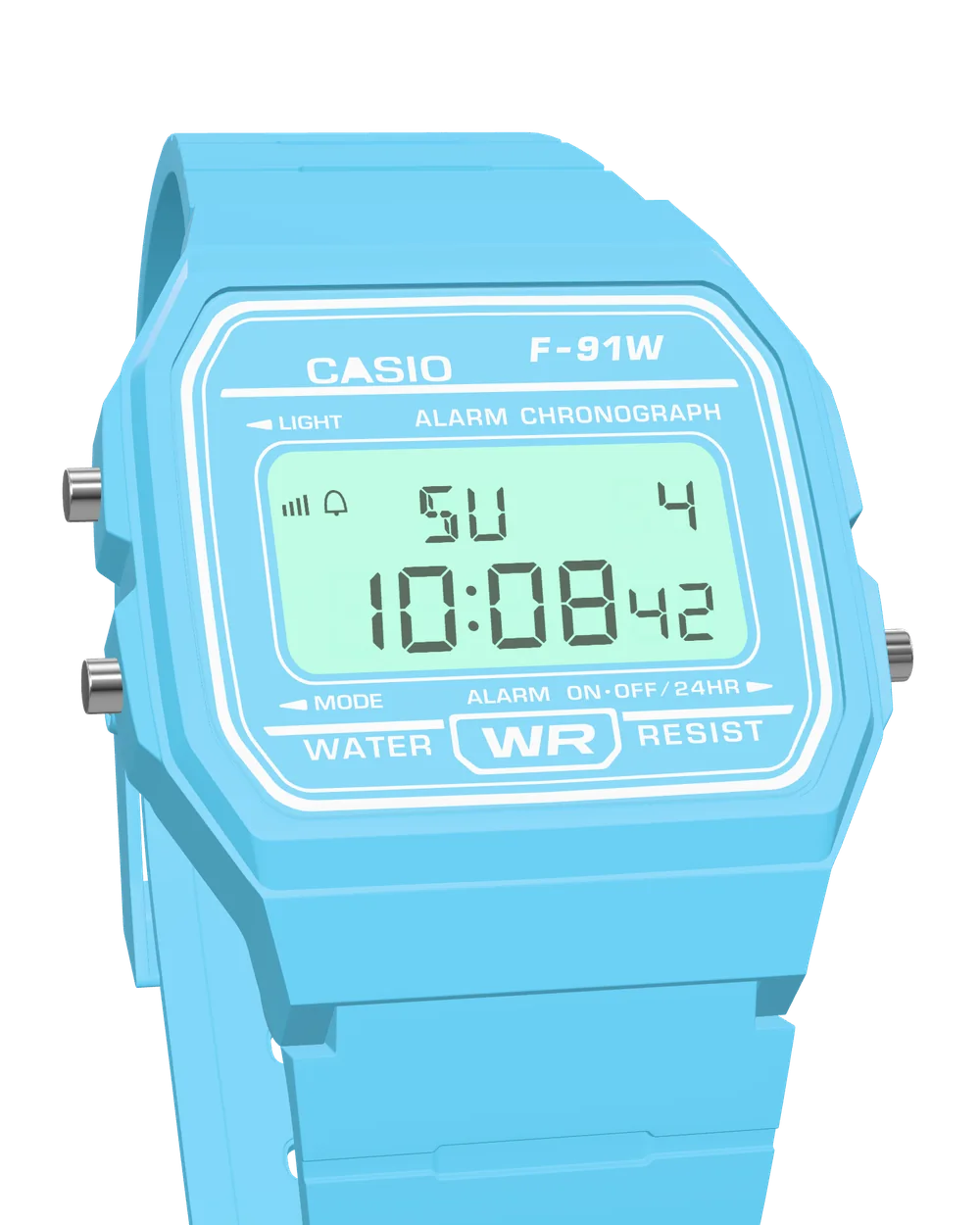 Casio F-91WC-2 Sky Blue, with the LED backlight on