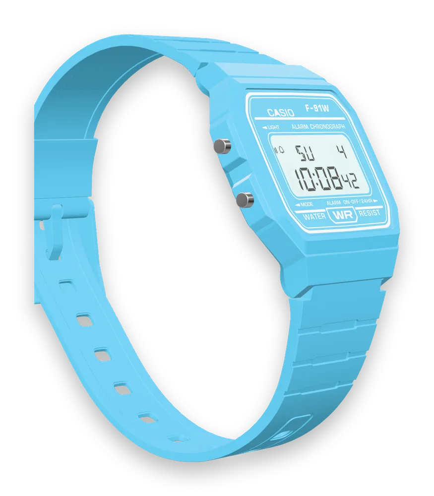Casio F-91WC-2 Sky Blue, right side with the alarm button