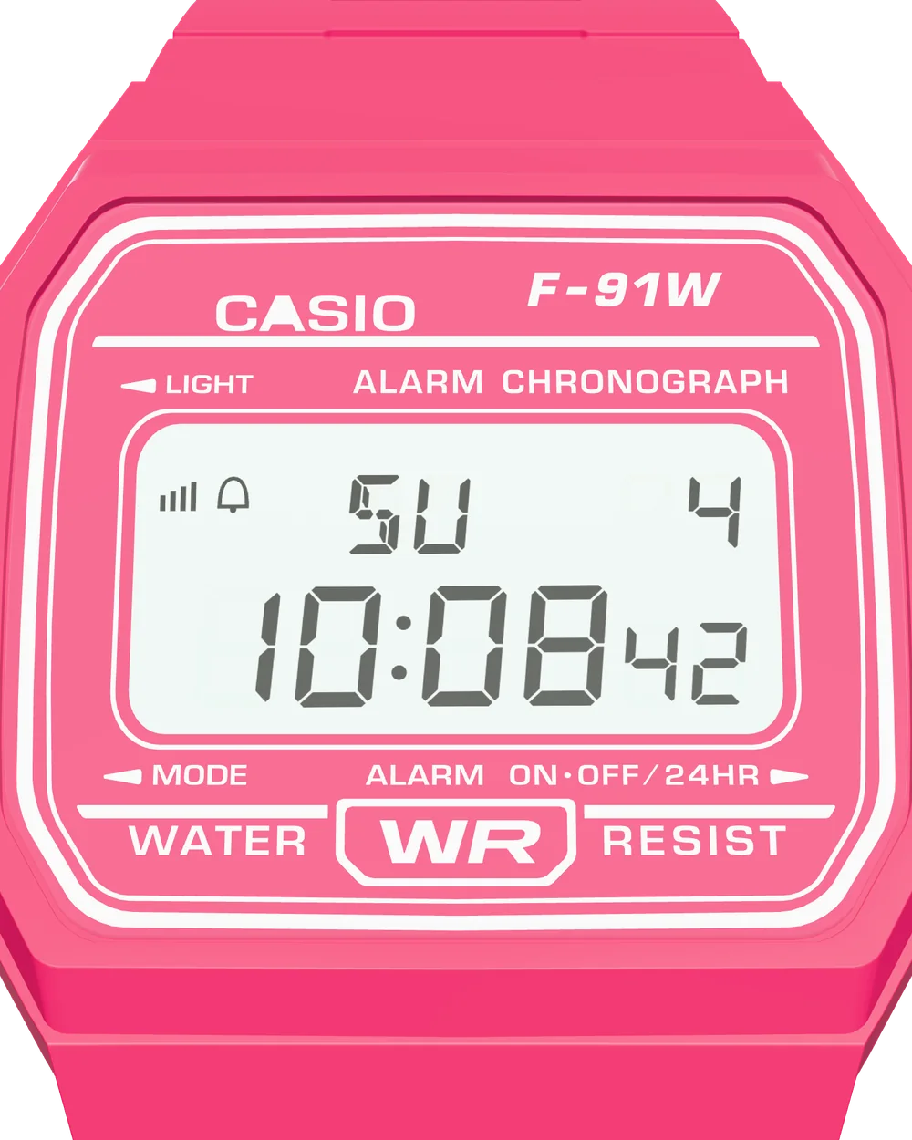 Casio F-91WC-4 Hot Pink, close-up of the display