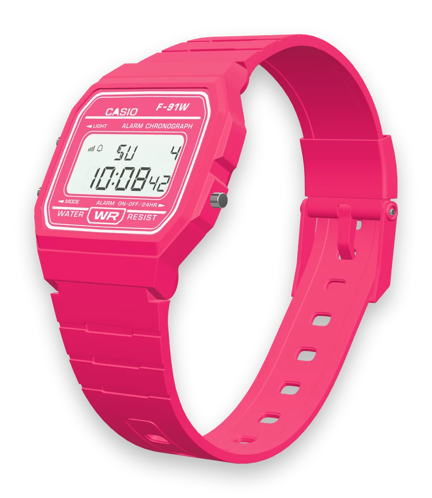 Casio F-91WC-4 Hot Pink, left side with the LIGHT and MODE buttons