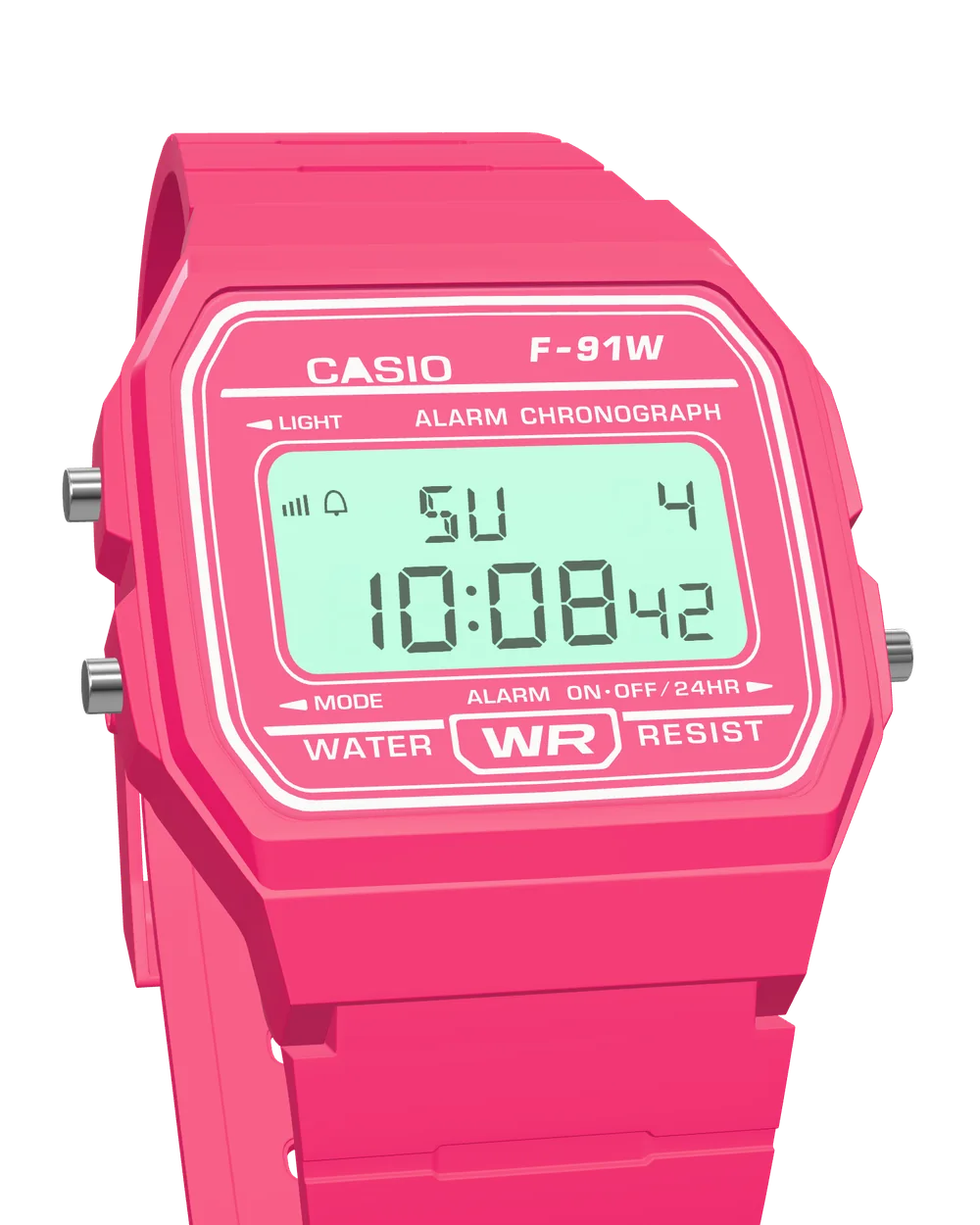 Casio F-91WC-4 Hot Pink, with the LED backlight on