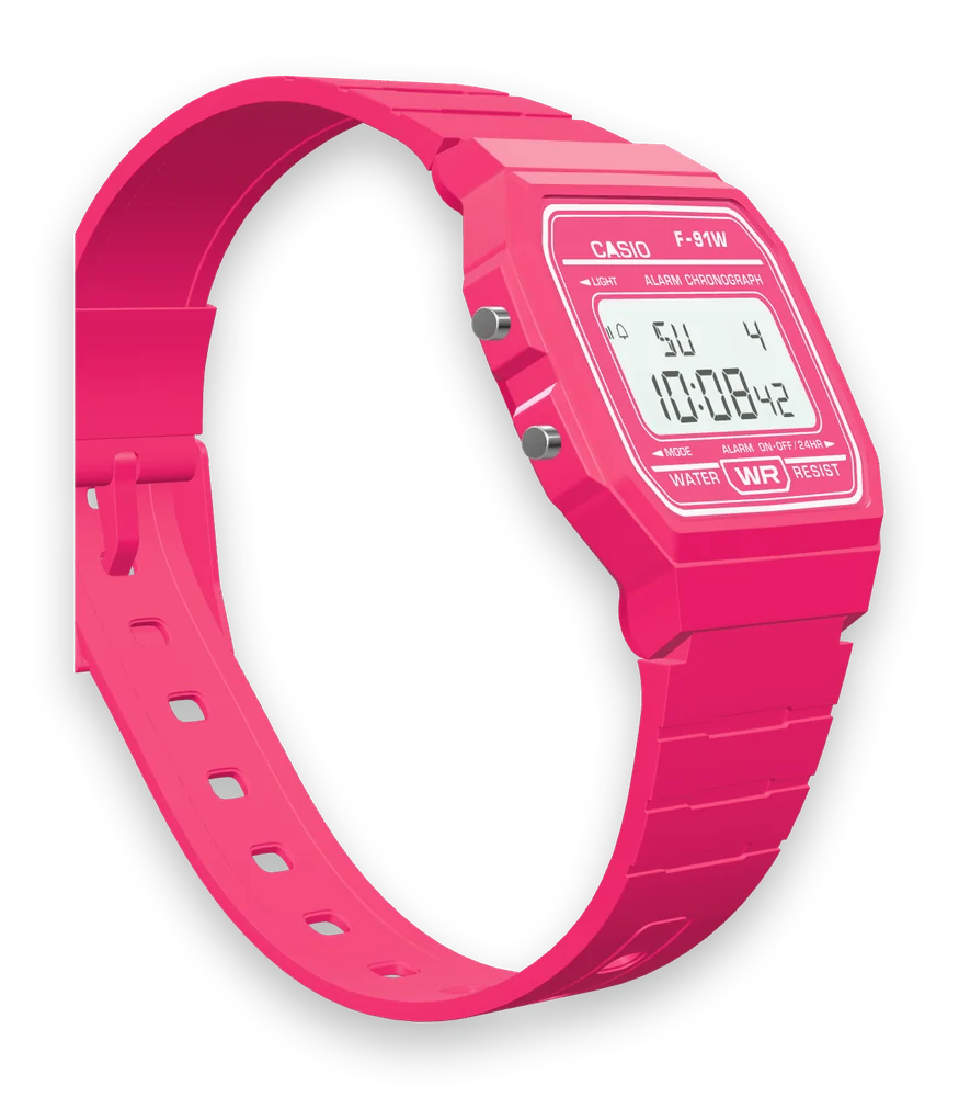 Casio F-91WC-4 Hot Pink, right side with the alarm button