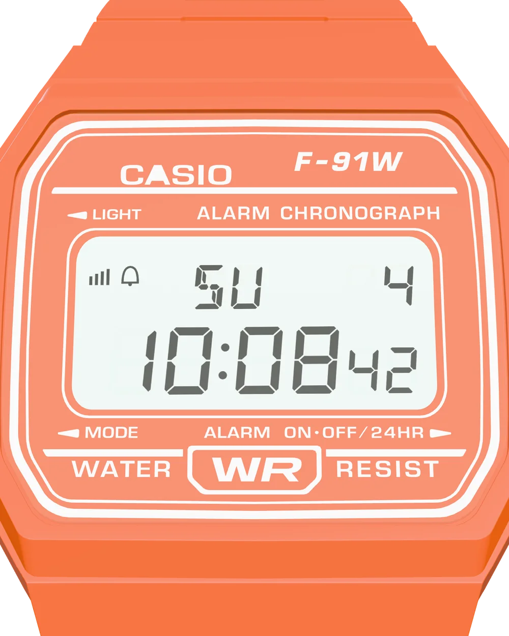 Casio F-91WC-4A2 Tangerine, close-up of the display