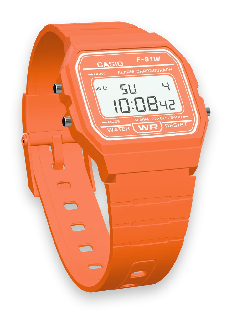 Casio F-91WC-4A2 Tangerine, three-quarter view