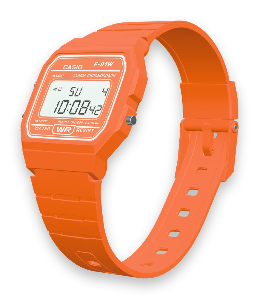 Casio F-91WC-4A2 Tangerine, left side with the LIGHT and MODE buttons
