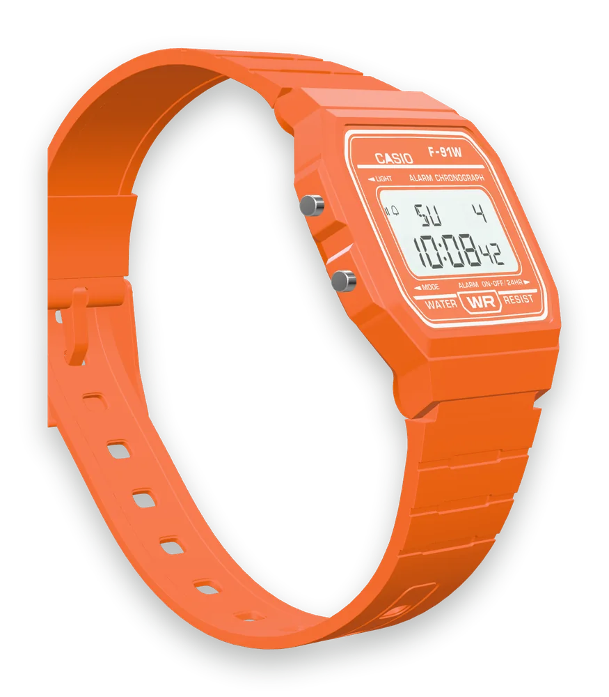 Casio F-91WC-4A2 Tangerine, right side with the alarm button