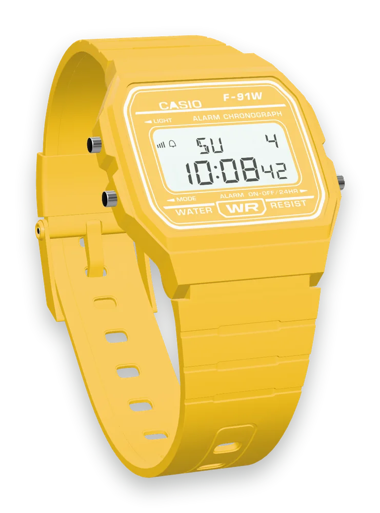 Casio F-91WC-9 Sunflower, three-quarter view
