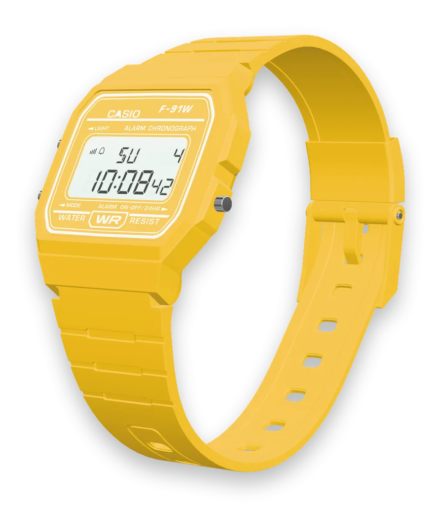 Casio F-91WC-9 Sunflower, left side with the LIGHT and MODE buttons