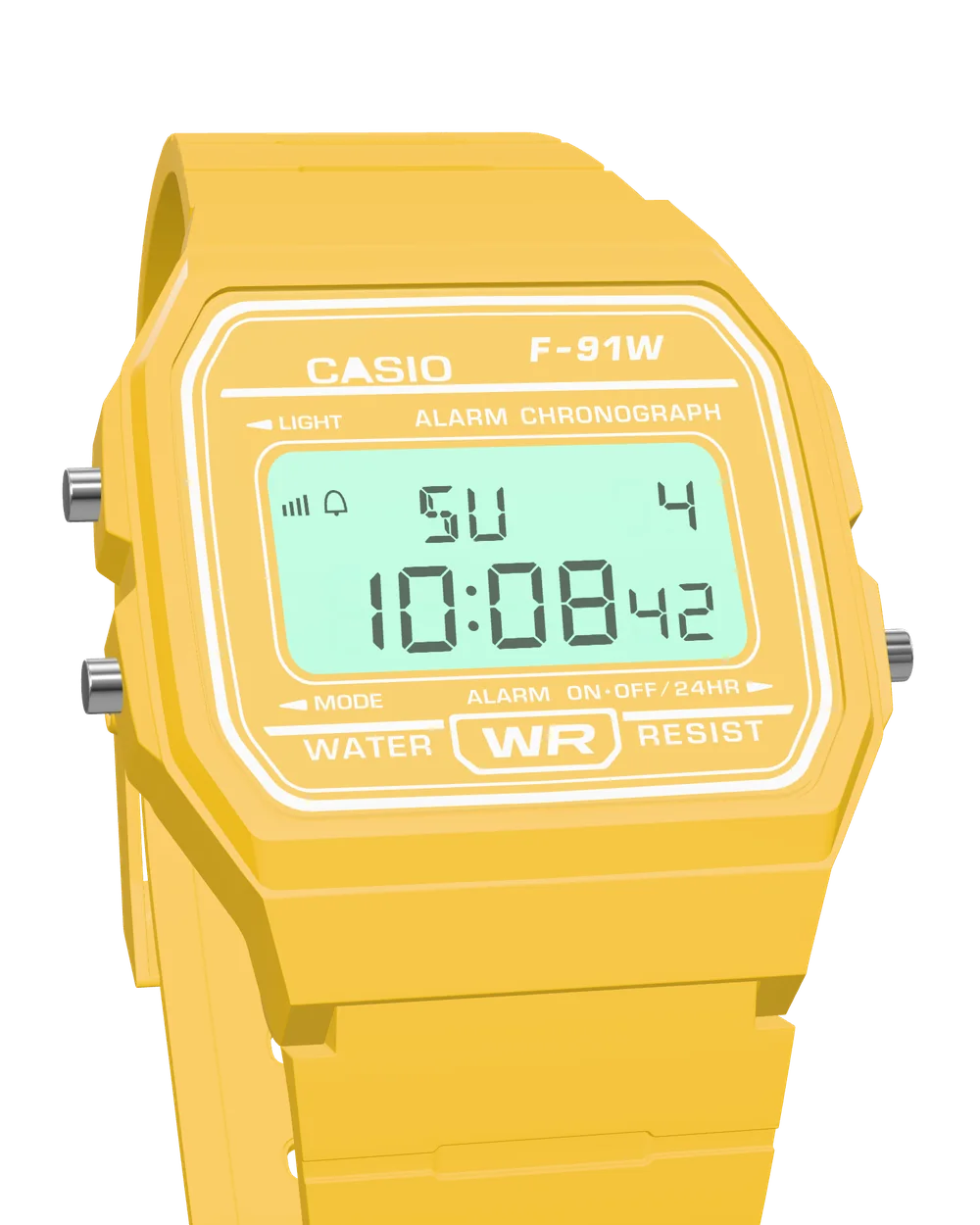 Casio F-91WC-9 Sunflower, with the LED backlight on