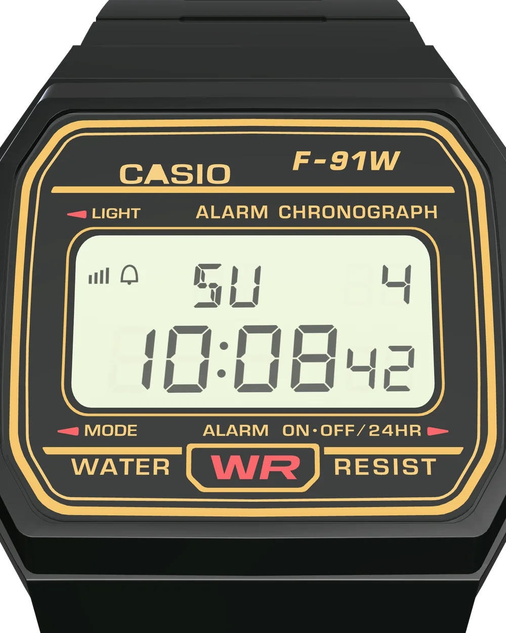 Casio F-91WG-9 Black & Gold, close-up of the display