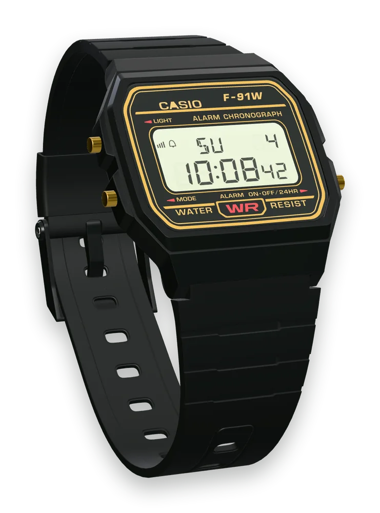 Casio F-91WG-9 Black & Gold, three-quarter view