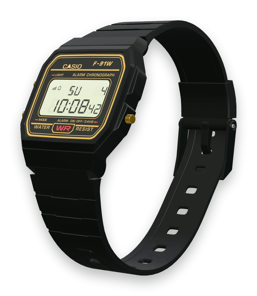 Casio F-91WG-9 Black & Gold, left side with the LIGHT and MODE buttons