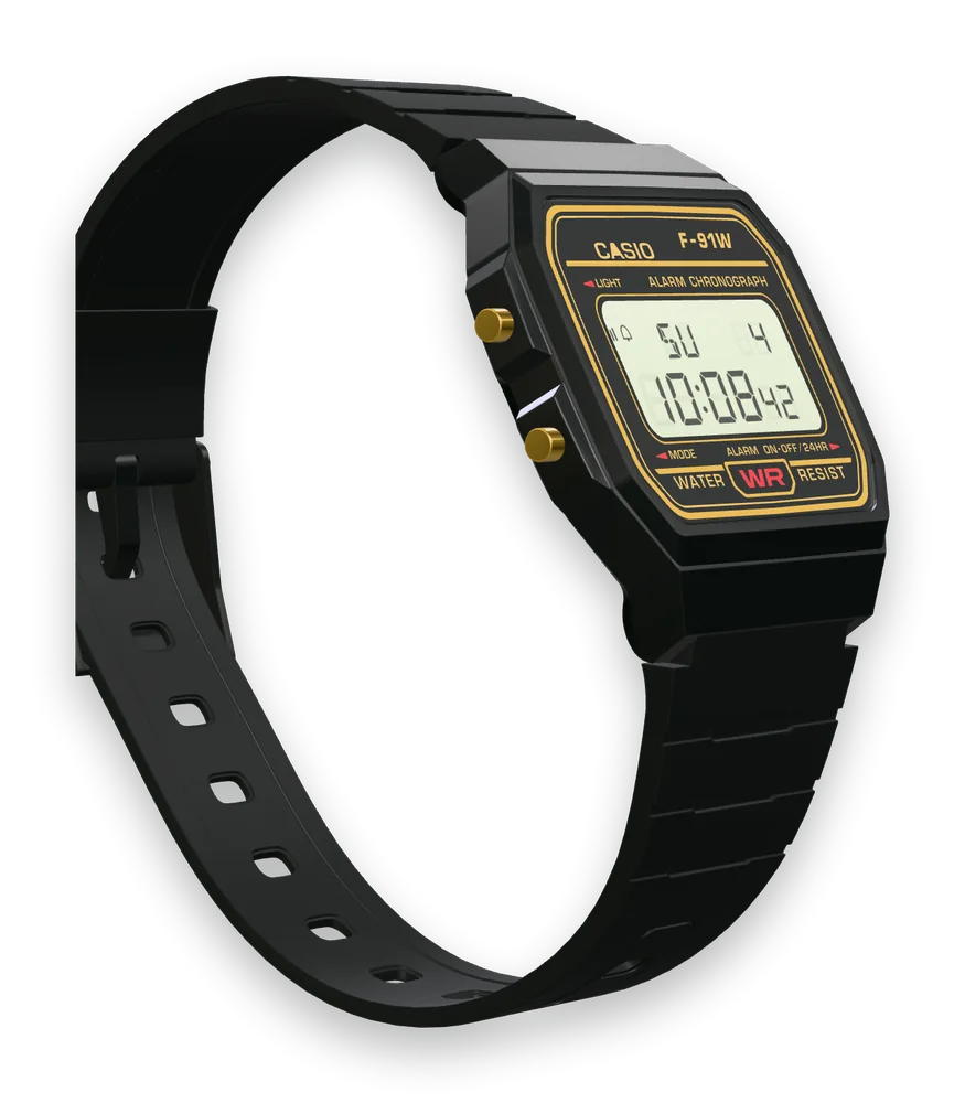 Casio F-91WG-9 Black & Gold, right side with the alarm button